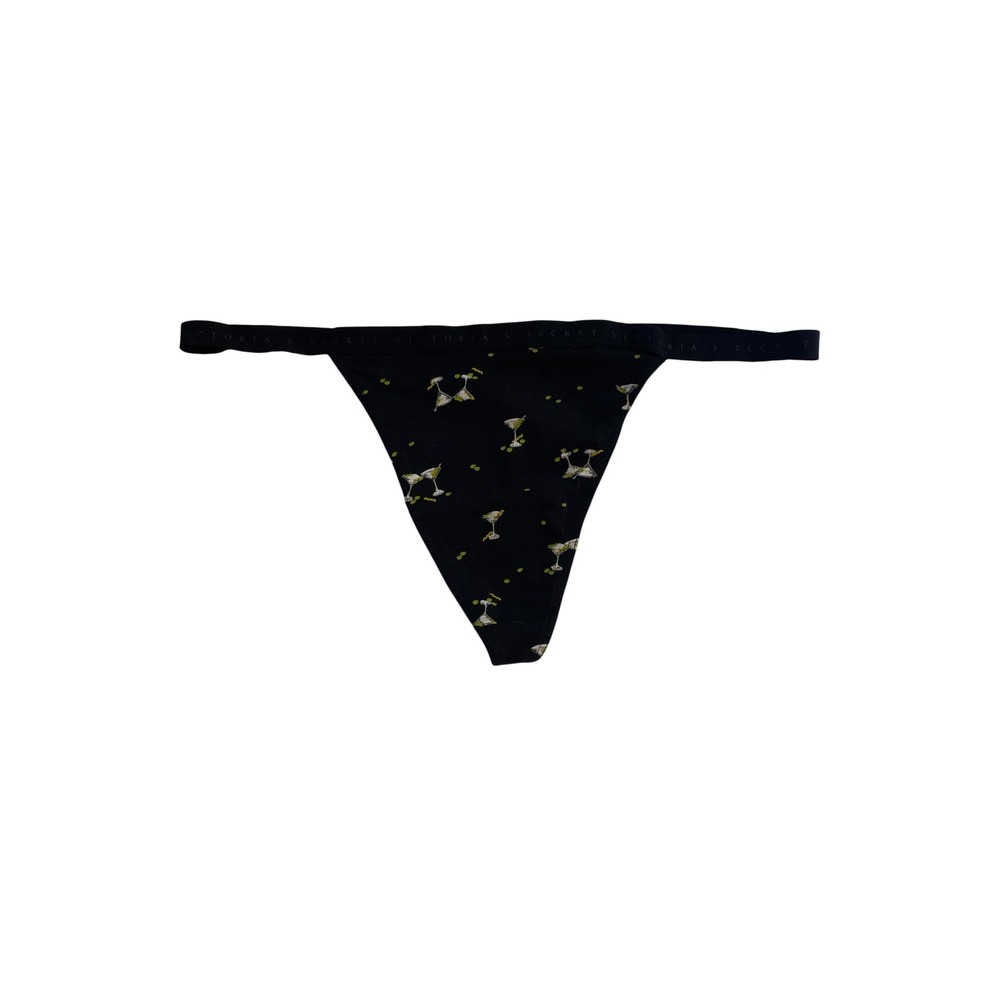 Victorias Secret Black Martini Glass Print V-String Thong Panty XL Cotton Blend